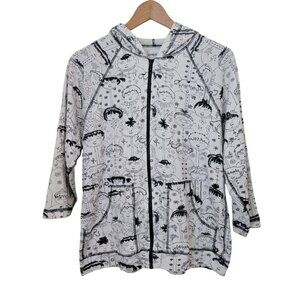 Chicos Black & White Embroidered Doodle Art Zip Up Hoodie Women's Size 1